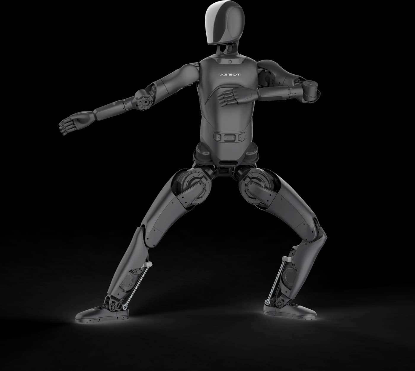 Black AGIBOT A2 Lite in a wide performance stance, with one arm extended