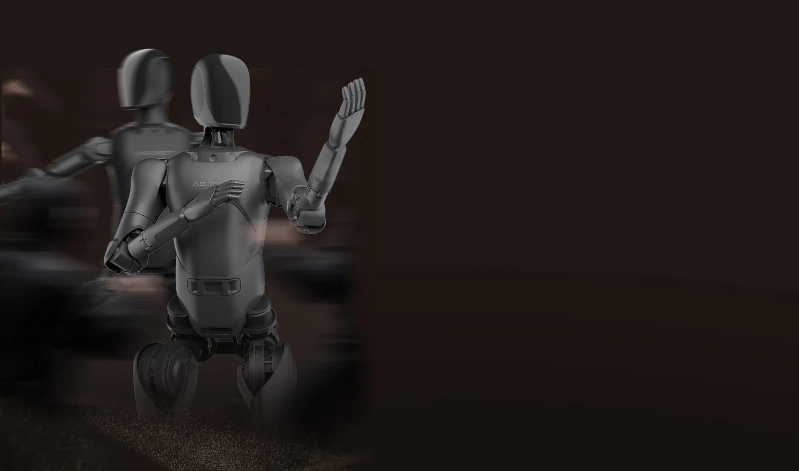 AGIBOT manufacturer illustration of a black A2 Lite raising one hand, with motion effects behind it
