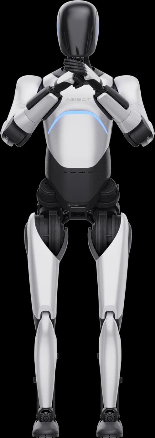 White AGIBOT A2 Ultra standing with both hands raised together in front of its chest