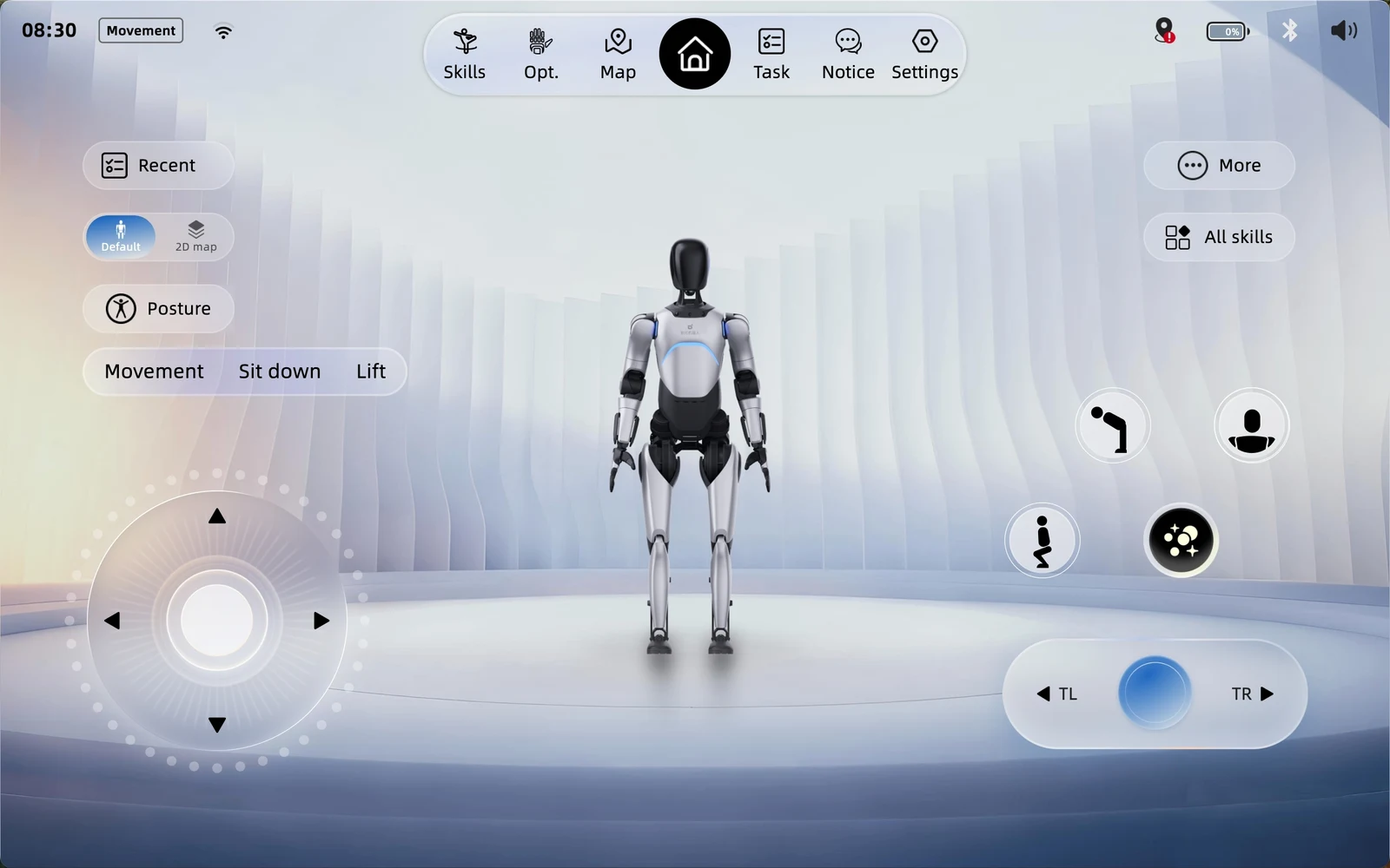 Official English-language A2 Ultra operator-interface example showing movement, skills, map and task controls