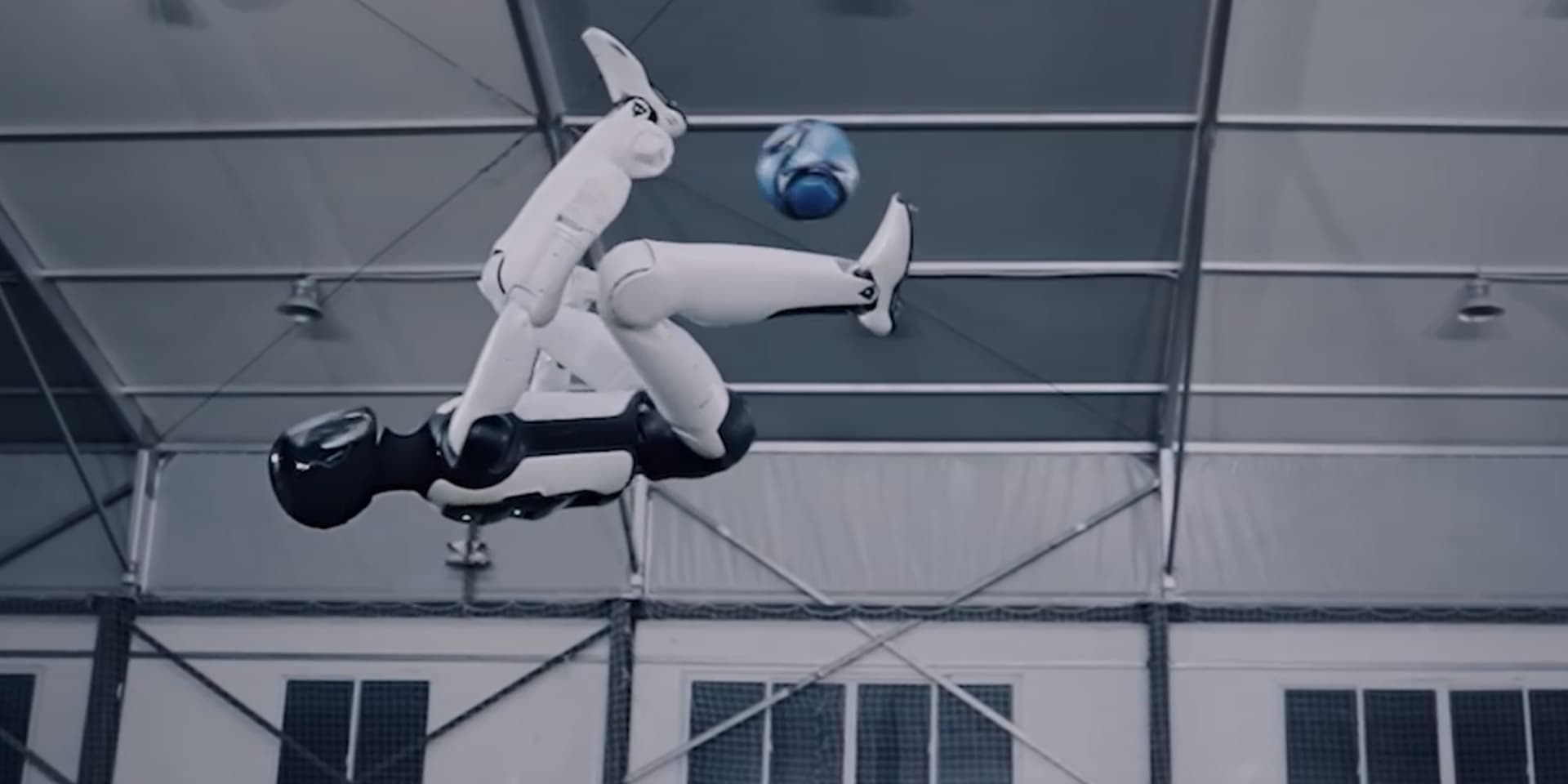 AGIBOT A3 performing an aerial movement during a manufacturer demonstration