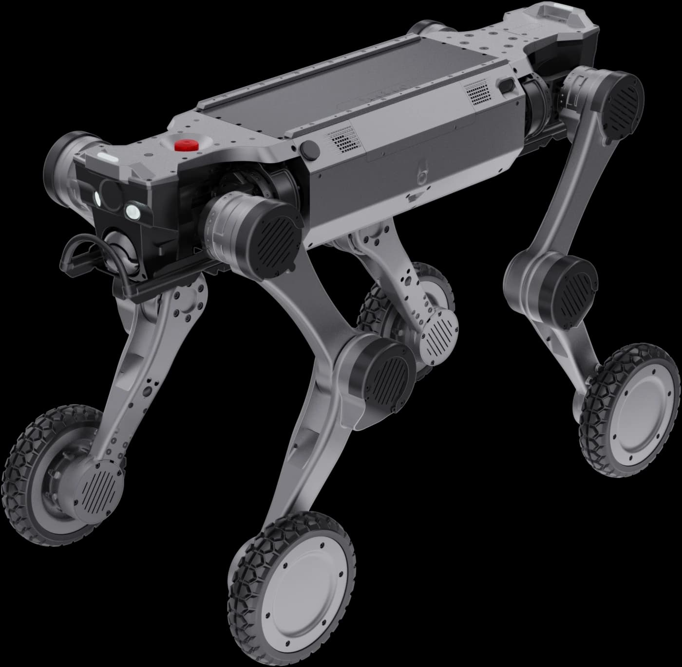 AGIBOT D1 Max silver wheel-legged quadruped with four treaded wheels and a top mounting rail, official three-quarter render