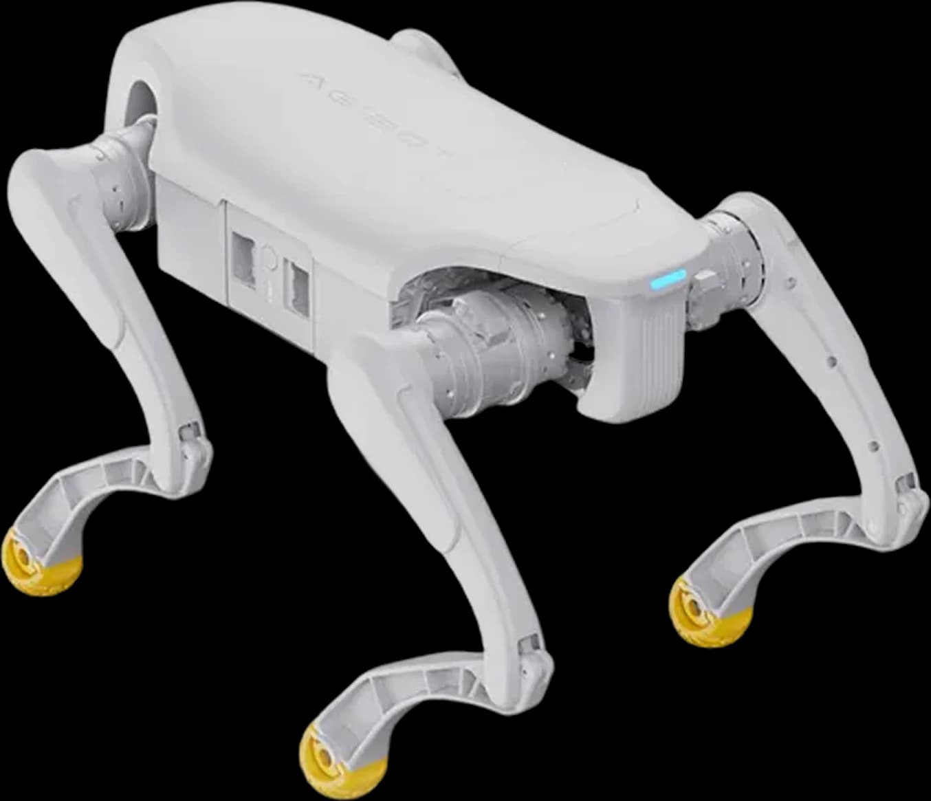 Official AGIBOT D1 Pro gallery render: white quadruped with yellow foot pads, elevated three-quarter view