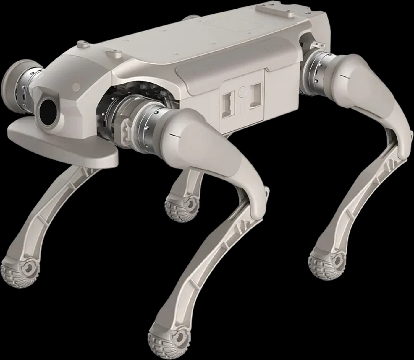 AGIBOT D1 Ultra grey quadruped with a front camera and protective body bumpers, front three-quarter view