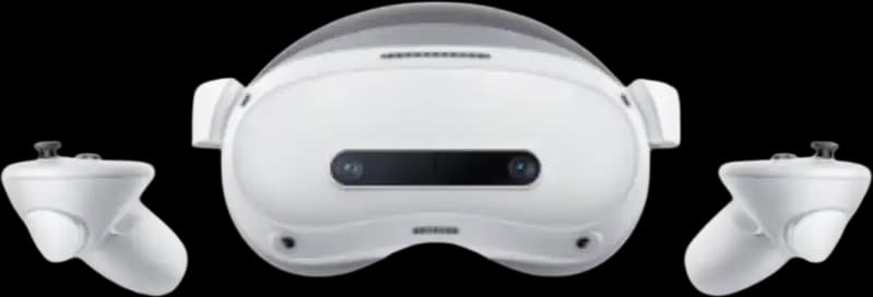 White VR headset with two hand controllers for the G2 teleoperation setup