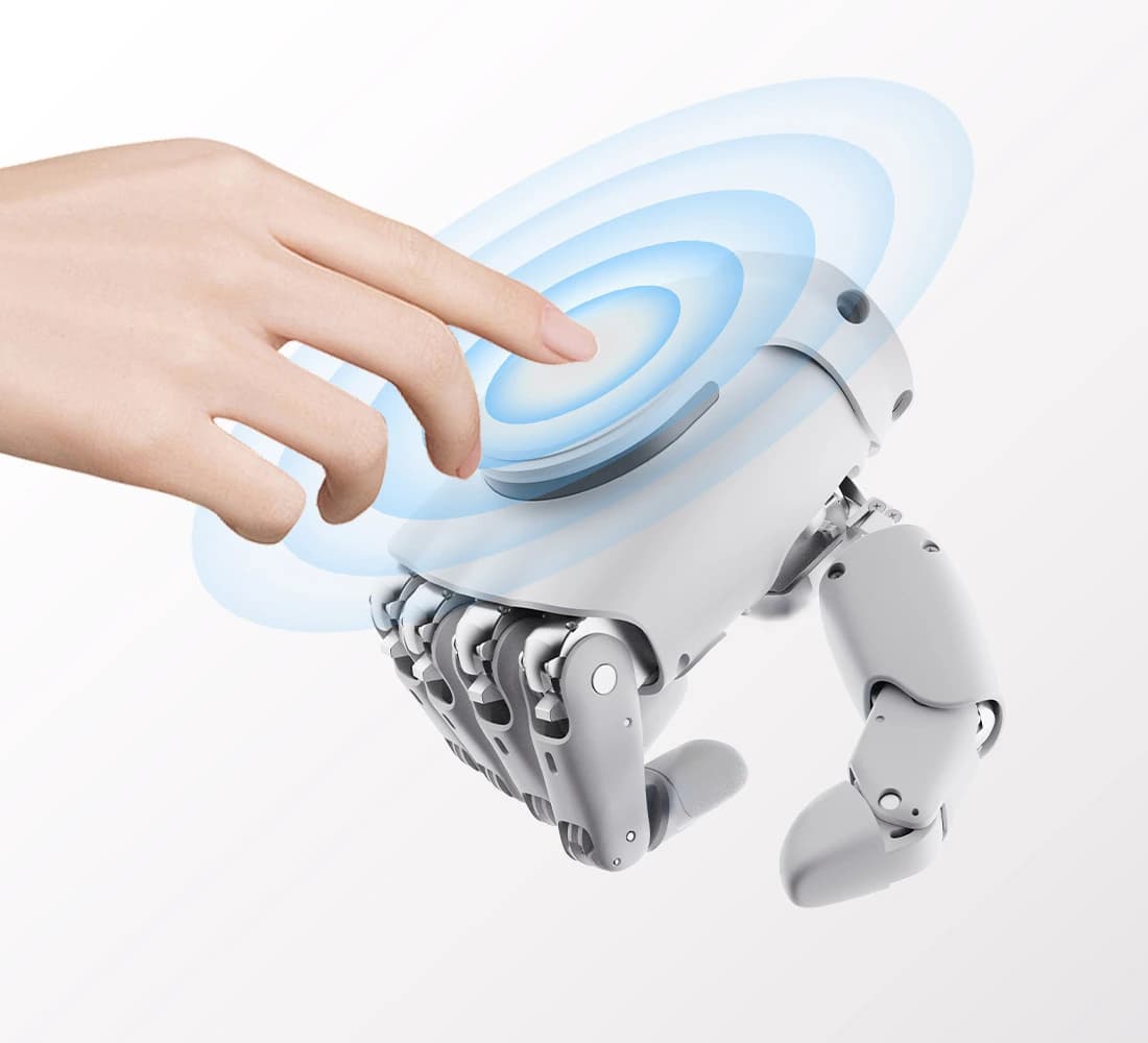 Manufacturer illustration of a person touching the back of an OmniHand 2025 Tactile robot hand, with blue contact rings