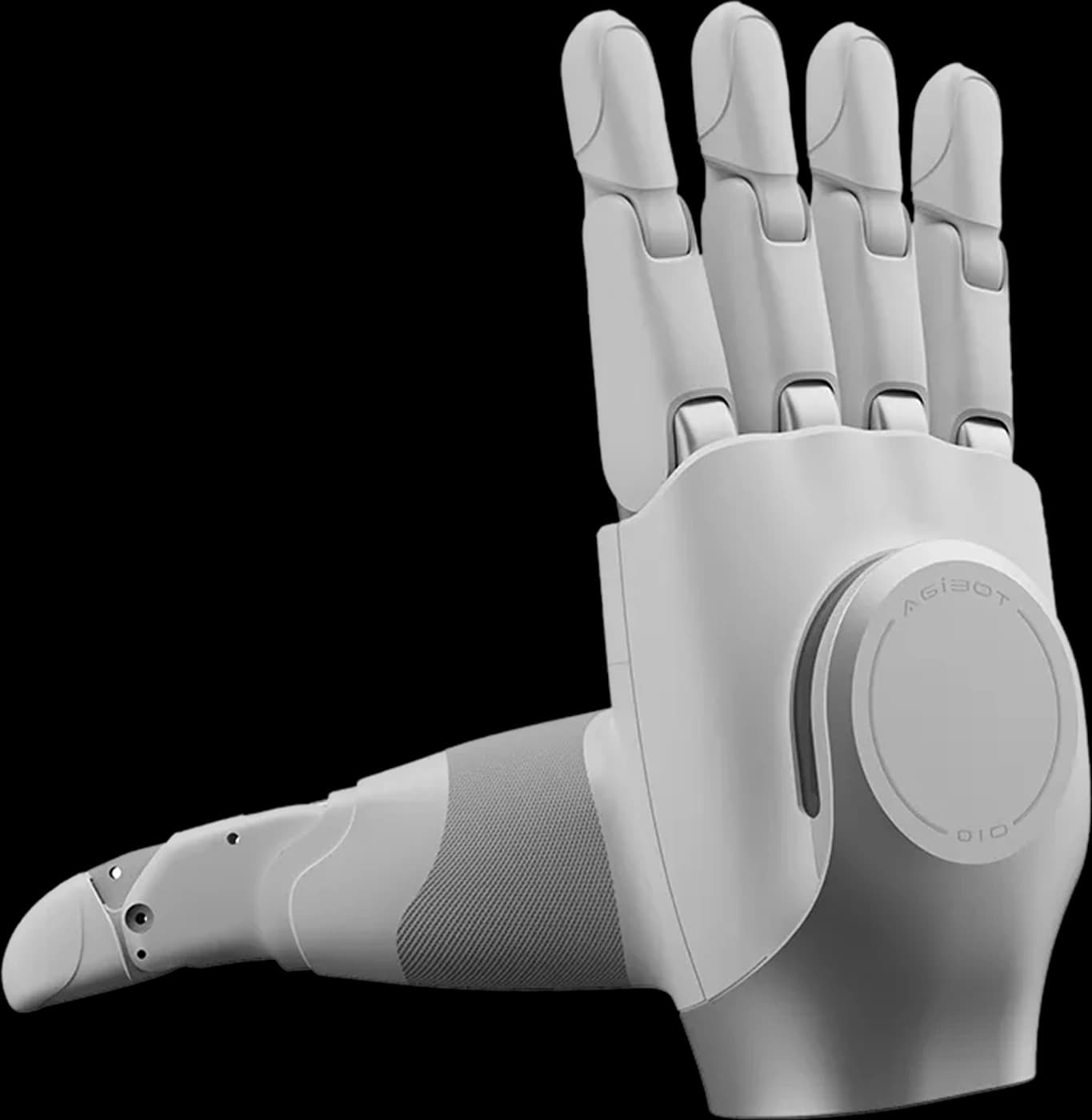 AGIBOT OmniHand 2025 Tactile white robot hand, back-of-hand view with four upright fingers and extended thumb