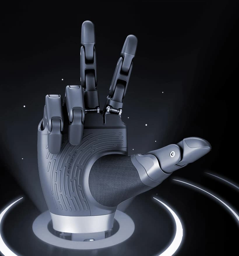 Official AGIBOT OmniHand Pro 2025 illustration showing the palm, two raised fingers and an extended thumb