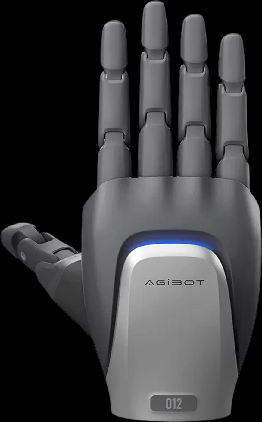 AGIBOT OmniHand Pro 2025 grey robot hand, back-of-hand view with upright fingers, extended thumb and blue status light