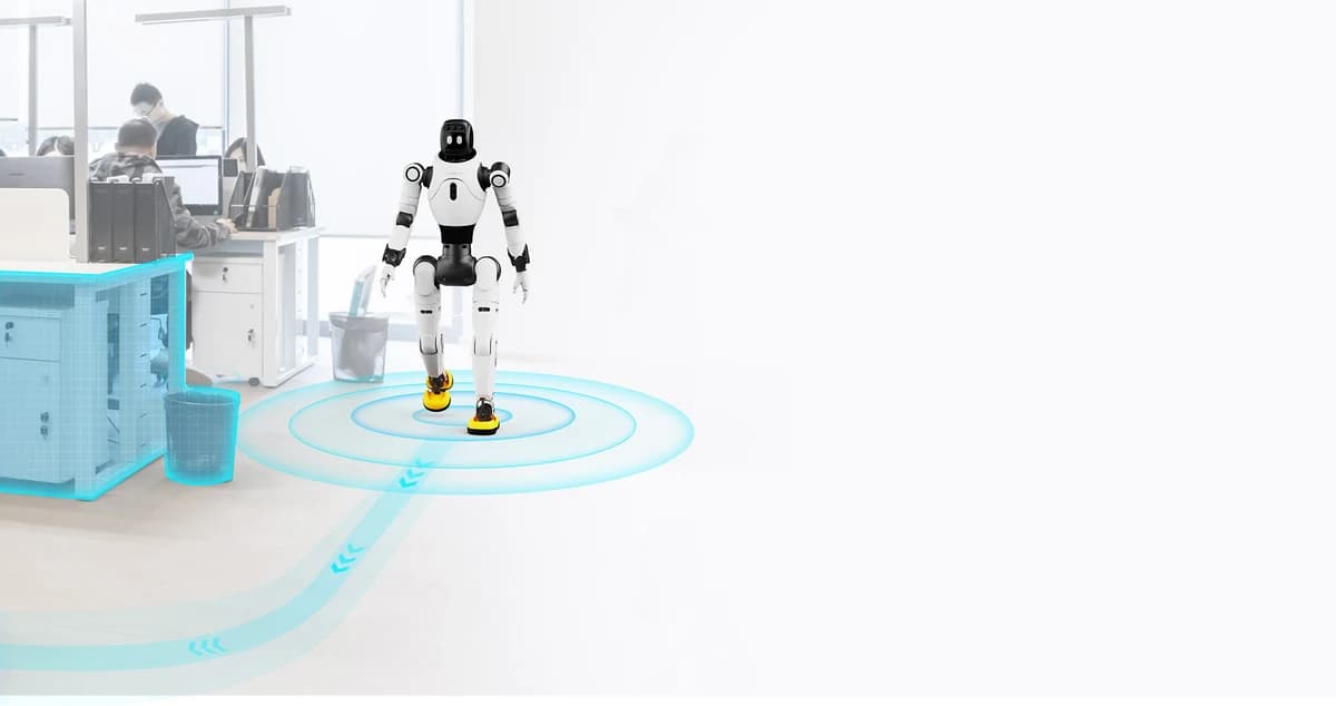 AGIBOT manufacturer illustration of X2 Ultra navigating an office with simulated sensing and route overlays