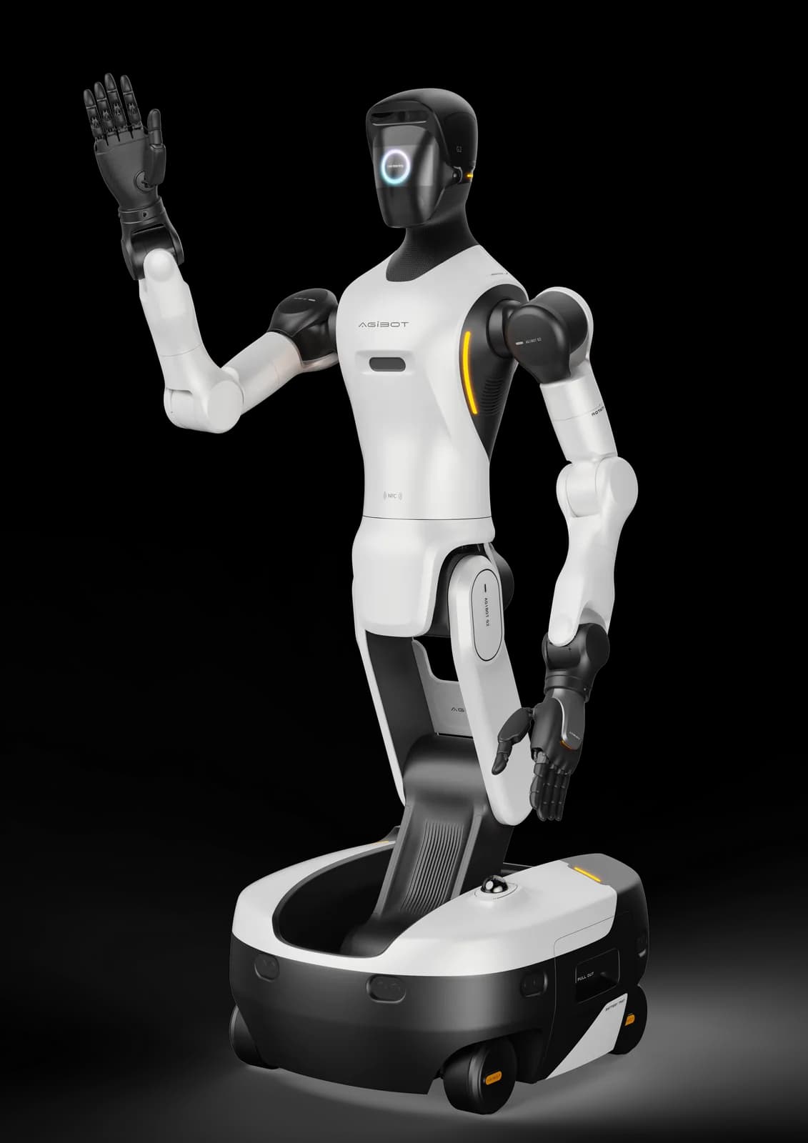 AGIBOT G2 industrial humanoid robot on an omnidirectional base, raising one hand