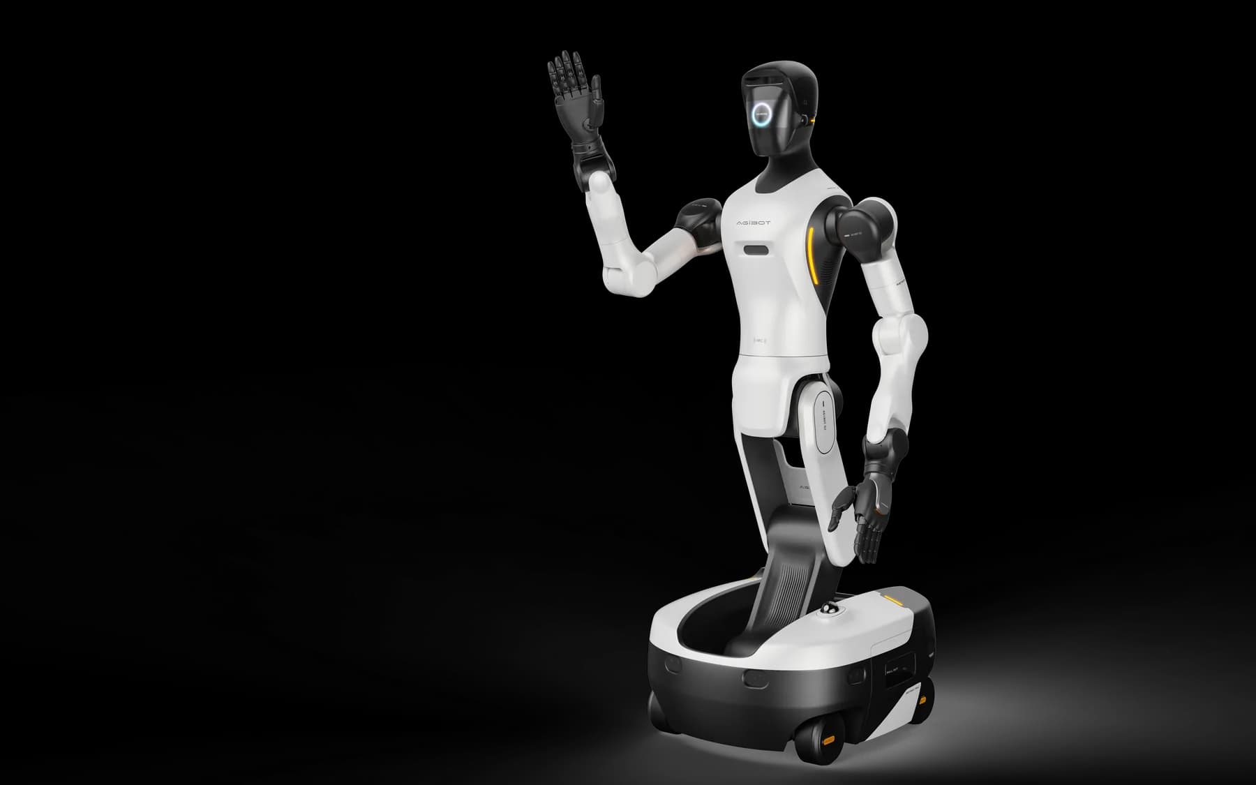 AGIBOT G2 industrial humanoid robot on a mobile base, raising one hand