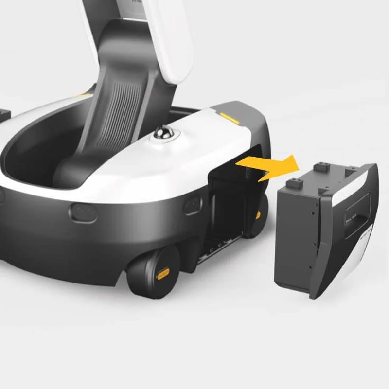AGIBOT G2 omnidirectional wheeled base with a hot-swap battery being removed