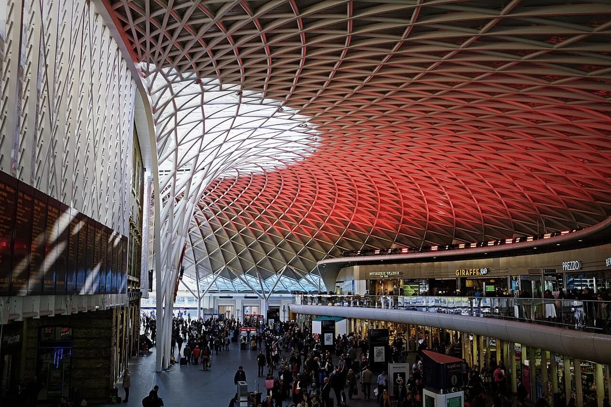Passenger concourse beneath the lattice roof at King’s Cross station in London