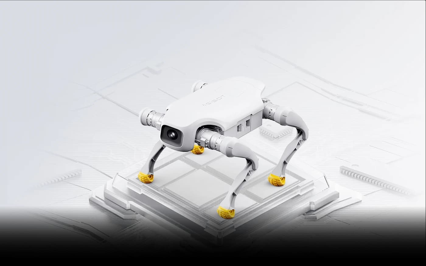 AGIBOT D1 EDU development illustration: white quadruped on a stylised circuit-board platform