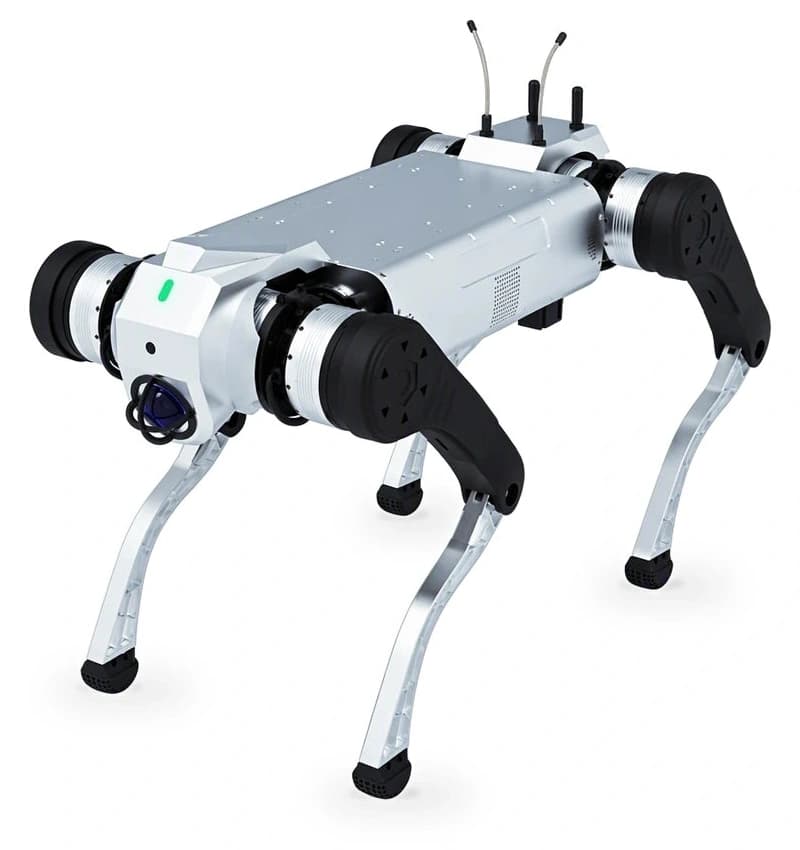 AGIBOT D1 MaxPro silver industrial quadruped with four articulated legs and point feet, official three-quarter render