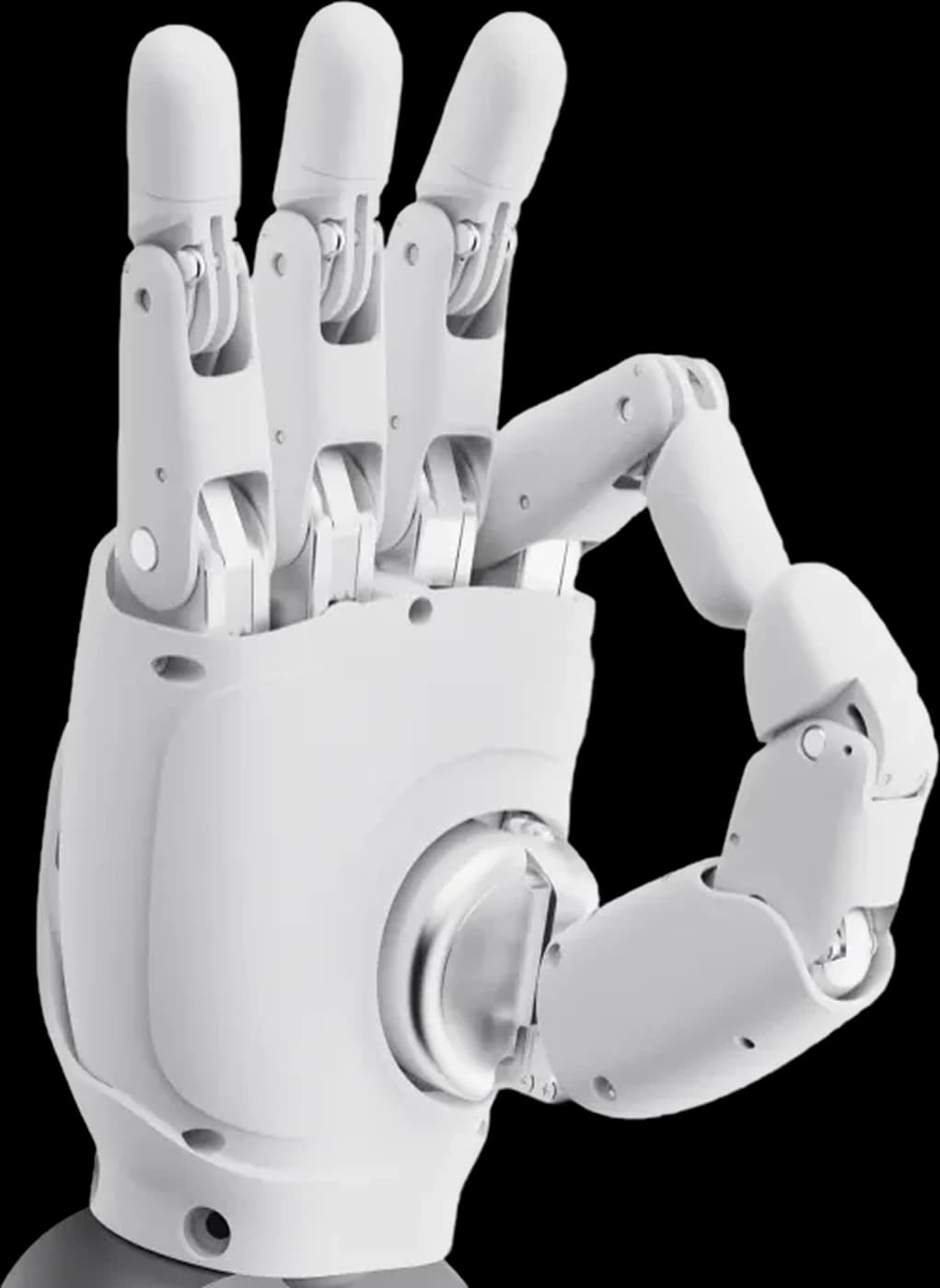 AGIBOT OmniHand 2025 white five-finger robot hand with thumb and index finger forming a circle, palm-side view
