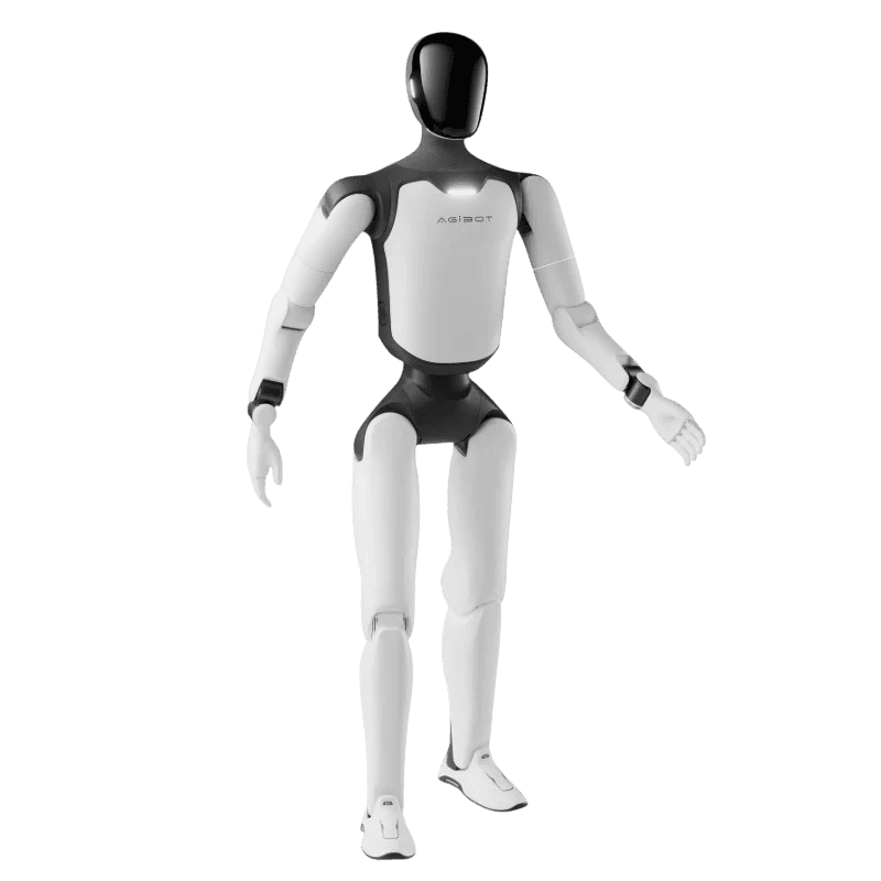 AGIBOT A3 humanoid robot captured mid-motion in a dynamic crouching pose