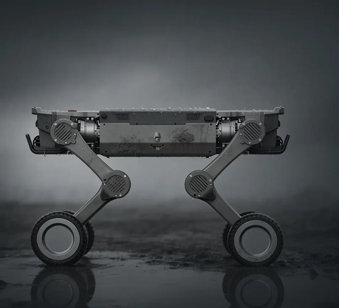 AGIBOT D1 Max wheel-legged quadruped robot standing in rain, side profile