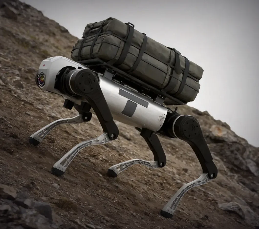 AGIBOT D1 MaxPro quadruped robot carrying strapped cargo up a rocky slope