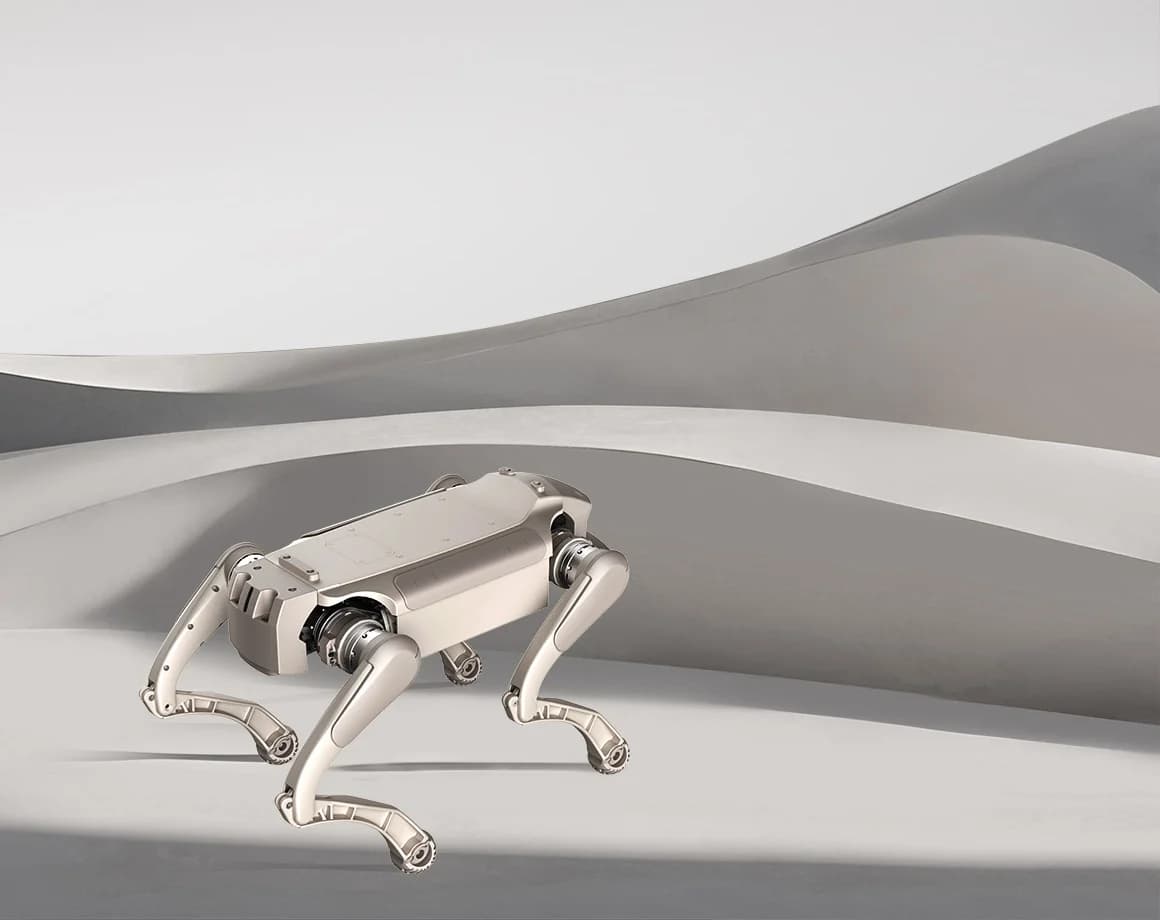 AGIBOT D1 Ultra-W wheeled quadruped robot on a light sculpted studio set
