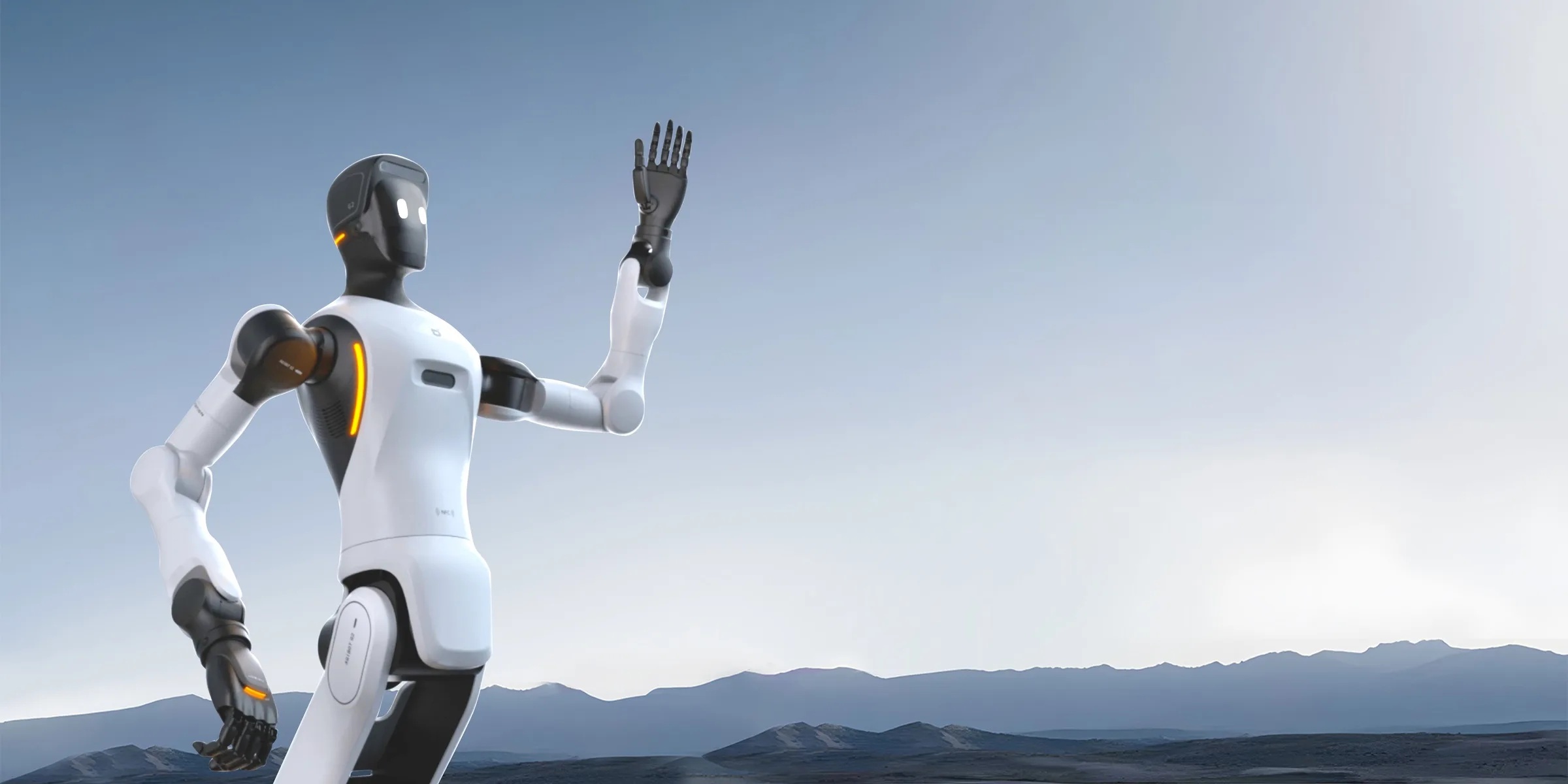 AGIBOT G2 humanoid robot waving against an open sky